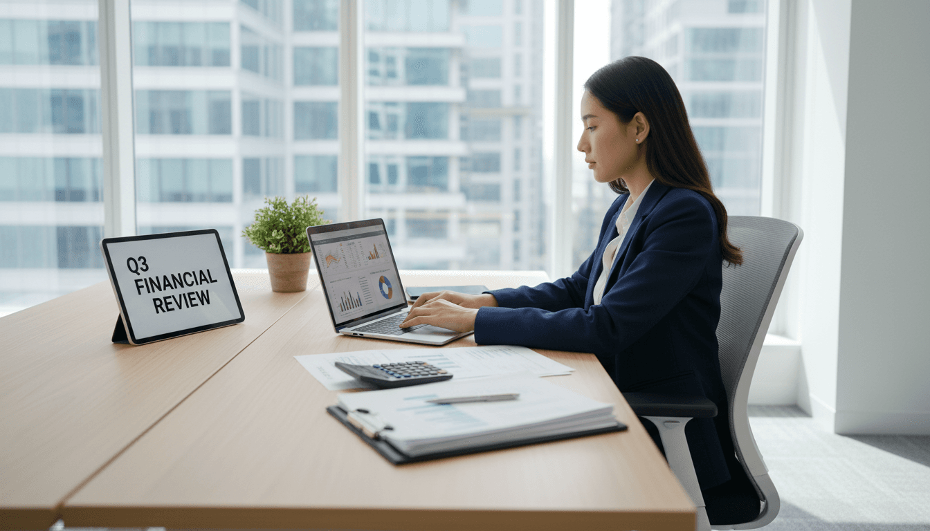 Contador trabalhando com documentos e laptop em escritório moderno