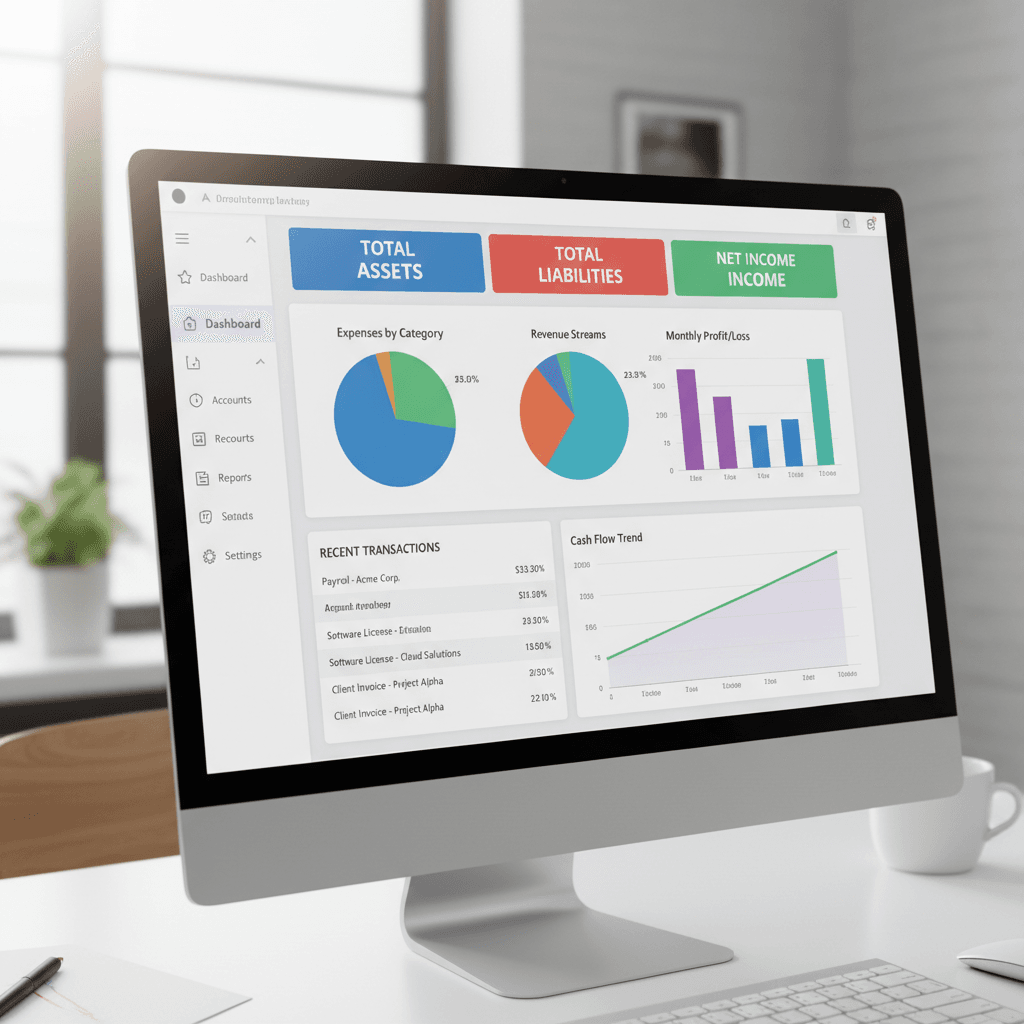 Tela de software de contabilidade digital com gráficos e dados financeiros