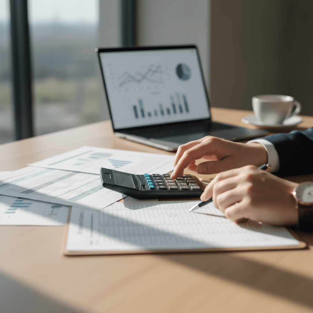 Contador analisando documentos financeiros em ambiente profissional moderno