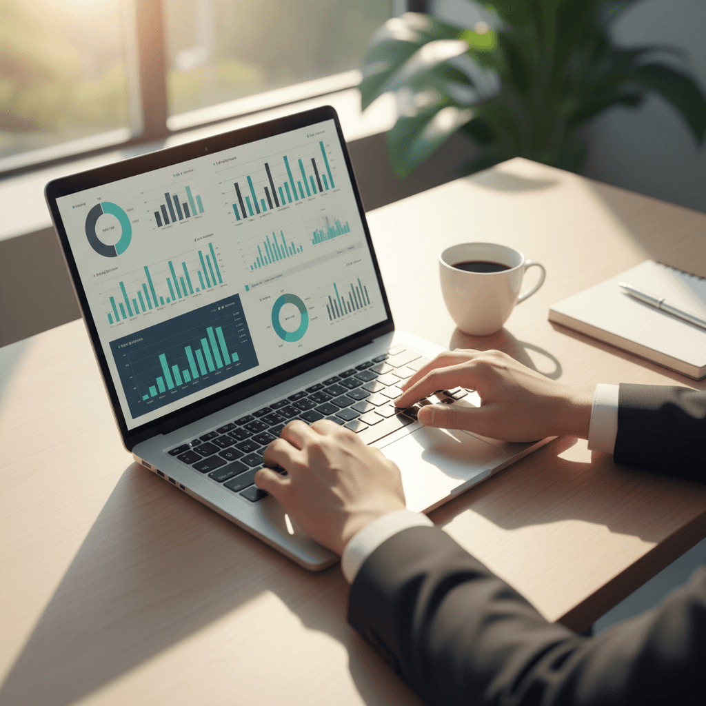 Contador profissional trabalhando com documentos financeiros em escritório moderno