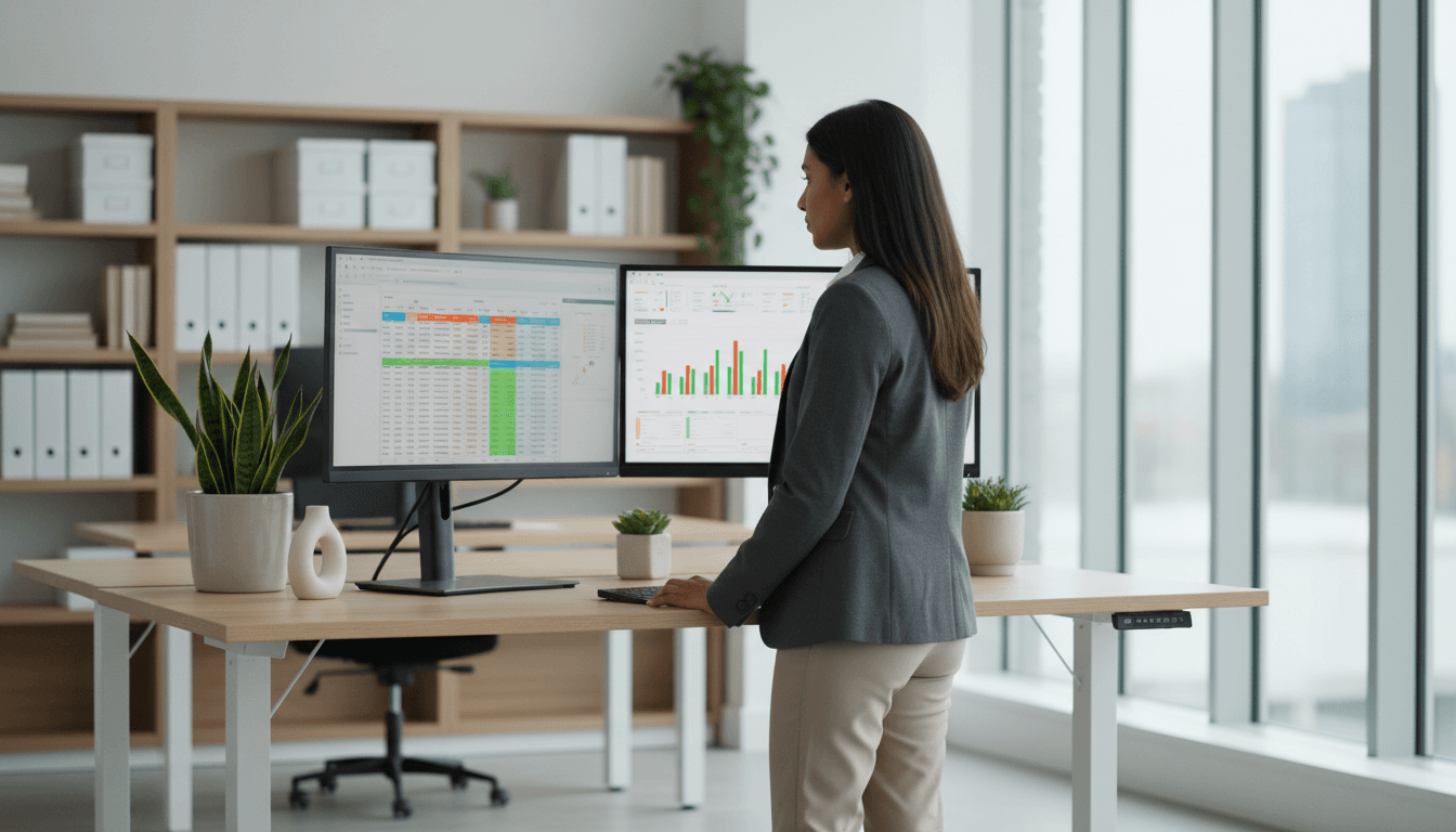 Contador profissional trabalhando com documentos financeiros em escritório moderno